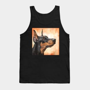 Contemporary Painting of a Gorgeous Black and Gold Doberman Pinscher on Orange Background Tank Top